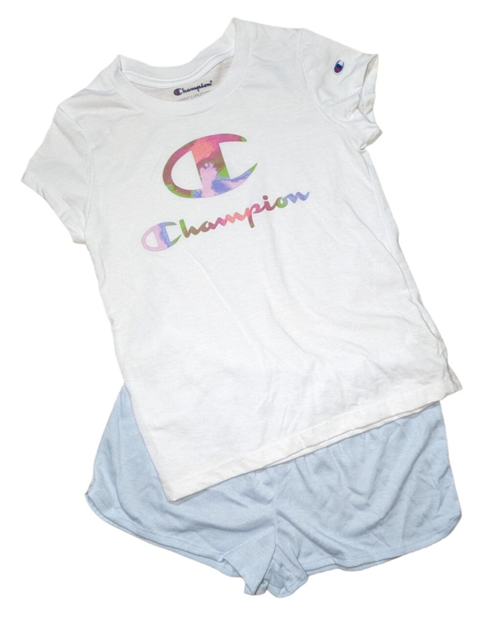 Champion Girls White Logo Script Tee & Carter's Blue Shorts 2pc‎ Set, Size 6x-8